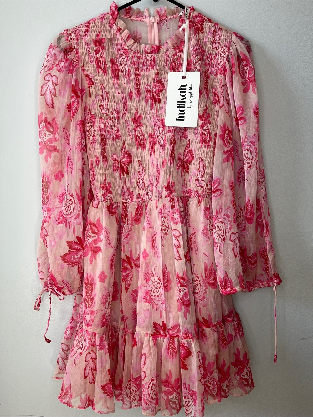 Indikah by Angel Biba Marja Long Balloon Sleeve Shirred Dress Floral Print Pink